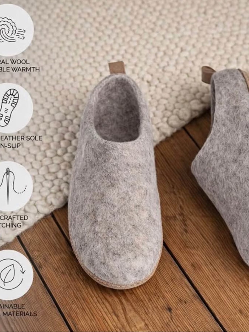 Houssimple wooI indoor Slippers Natural Organic Wool, Genuine Leather Sole